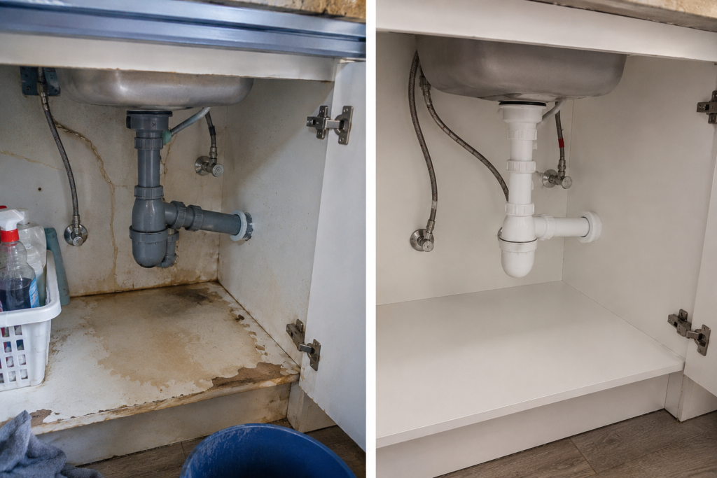Comparatif avant/après d'une réparation de plomberie sous un évier de cuisine. À gauche, un meuble sous évier présentant des traces d'humidité, un fond de meuble abîmé et une installation vieillissante avec une fuite. À droite, l'installation a été entièrement réparée avec un siphon neuf, une plomberie propre et un meuble assaini, illustrant le résultat d'une intervention professionnelle de plomberie.