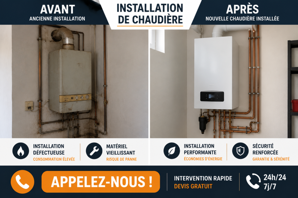 Comparatif avant/après d'une installation de chaudière murale dans un local technique. À gauche, une ancienne chaudière vieillissante avec une tuyauterie ancienne, illustrant une installation obsolète et énergivore. À droite, une chaudière murale moderne, parfaitement installée avec des conduites en cuivre neuves et une finition soignée. L'infographie met en avant les bénéfices de la nouvelle installation (performance, économies d'énergie, sécurité renforcée) ainsi qu'un bouton d'appel à l'action « Appelez-nous ! » pour demander un devis ou une intervention rapide 24h/24 et 7j/7.